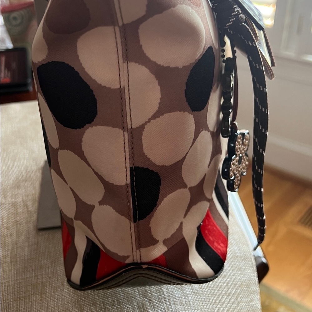 Coach Cream and Red Polka Dot Canvas Tote with Tan Leather Trim GUC 2 Tags - Picture 7 of 17